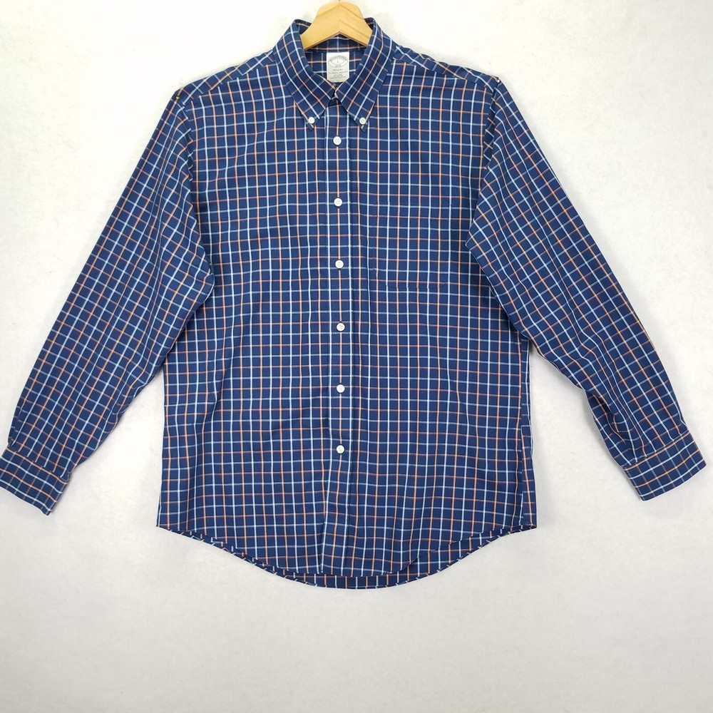 Brooks Brothers Regent Plaid Button Up Men L Blue Cotton Non-Iron Shirt